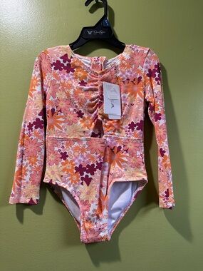 Kids Long-Sleeve Floral One-Piece Swimsuit - Pink & Orange